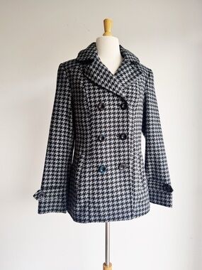 NWOT Faded Glory Houndstooth Hooded Peacoat Wool Blend Black Gray M